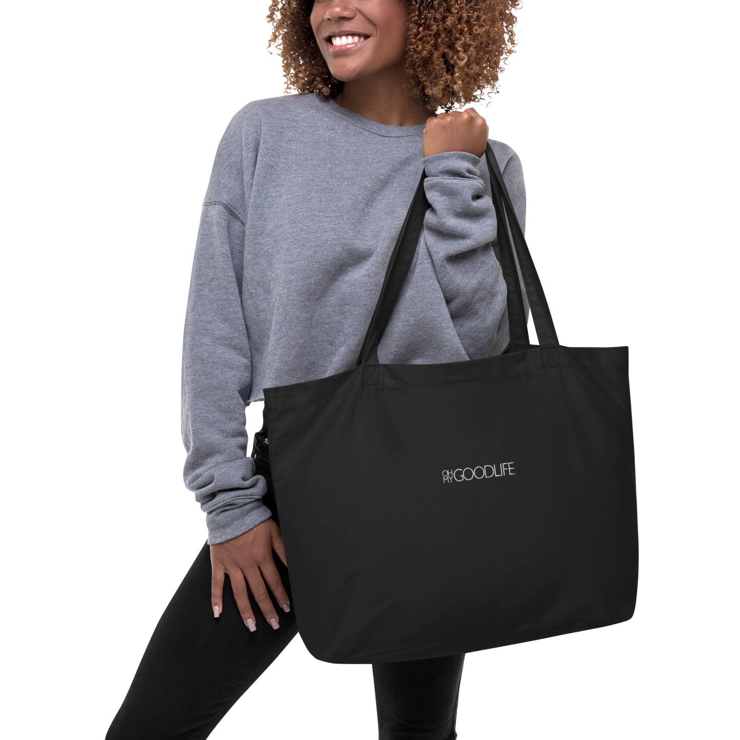 Large Organic OMGL Embroidered Black Tote